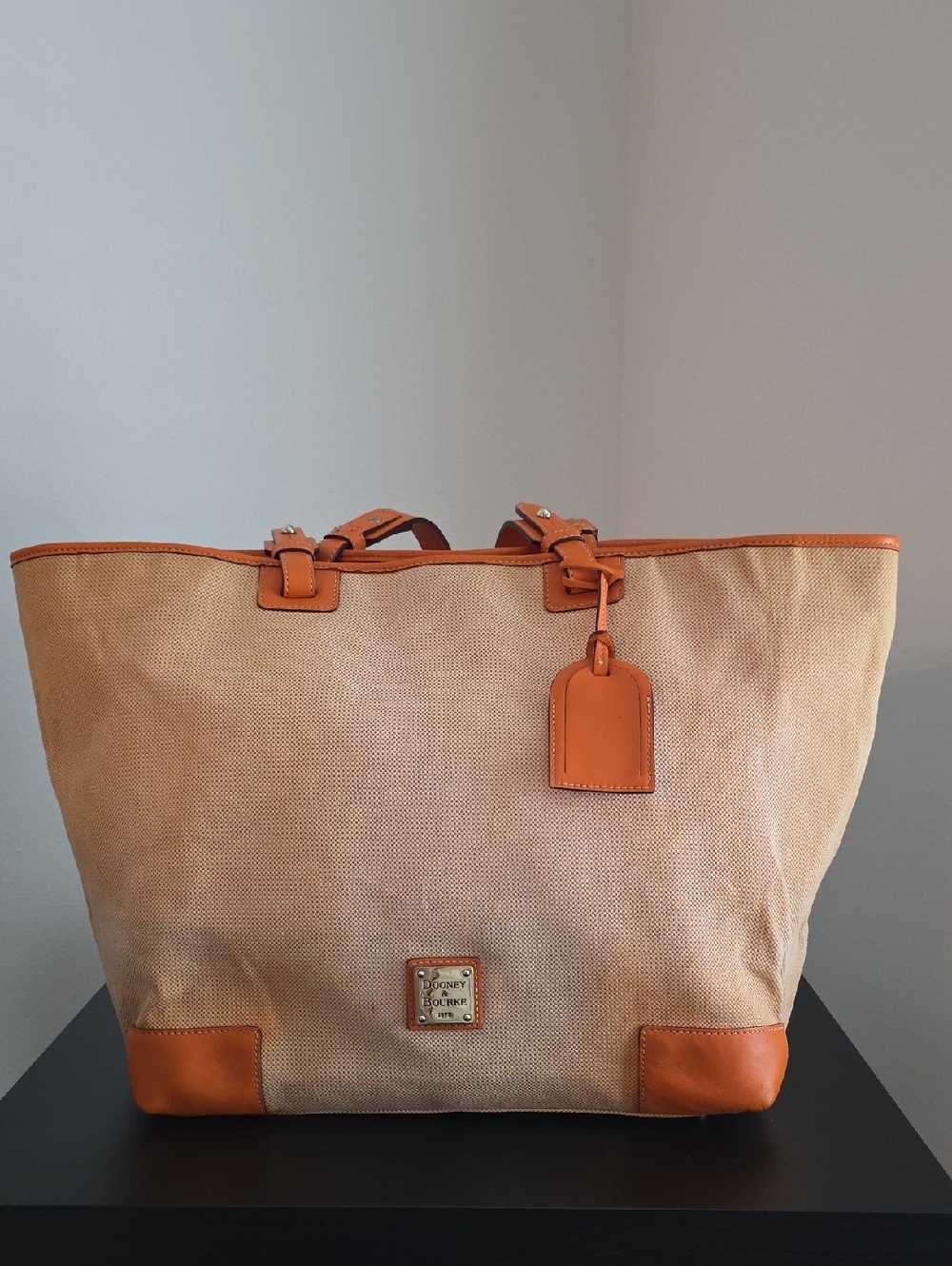Dooney & Bourke Beige Canvas Tote with Orange Leather Trim